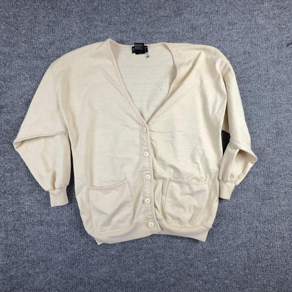Vintage Carreau Cardigan Sweater Womens Small White V Neck Pockets Hong Kong